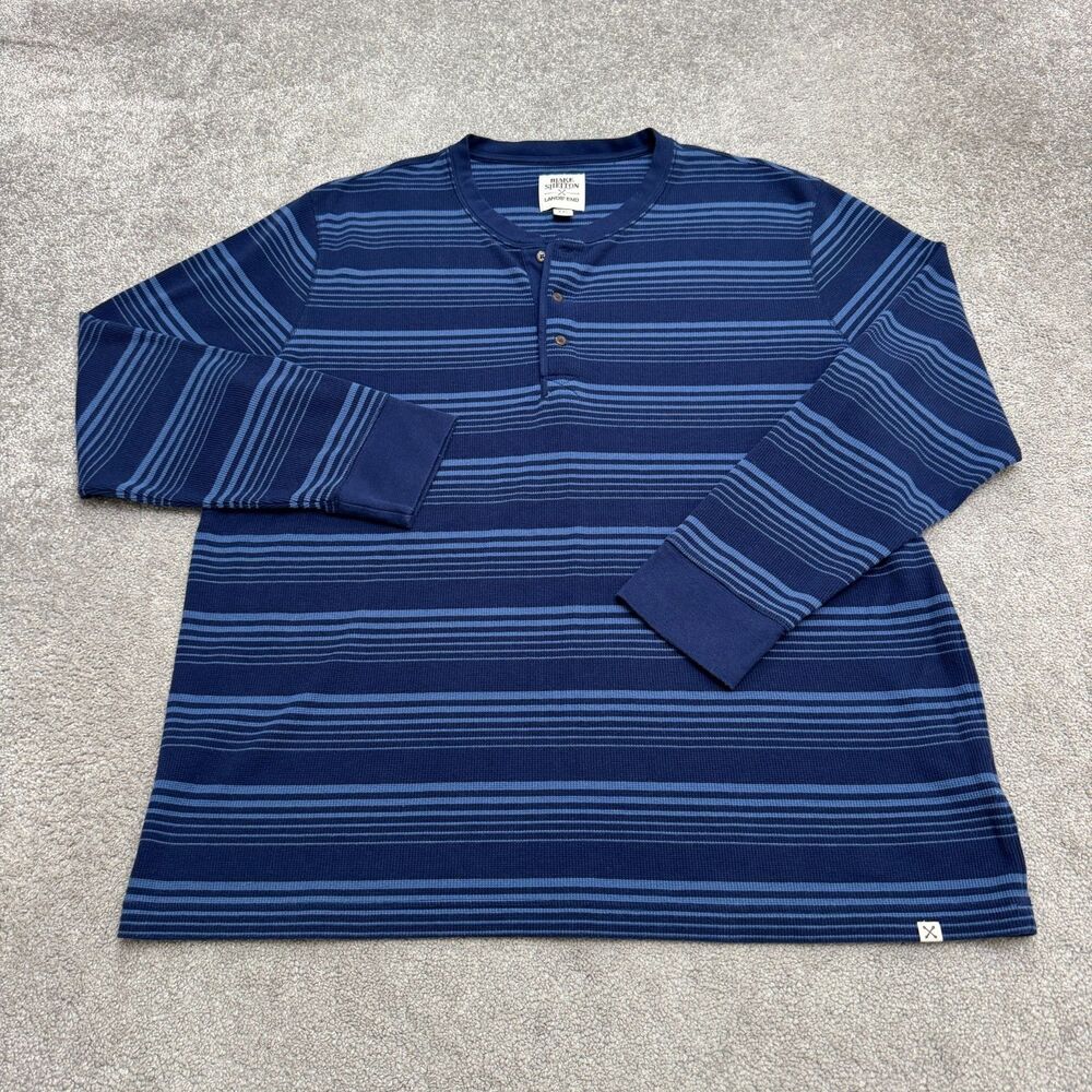 Lands End Blake Shelton Henley Shirt Mens 2XL Blue Striped Waffle Knit Thermal